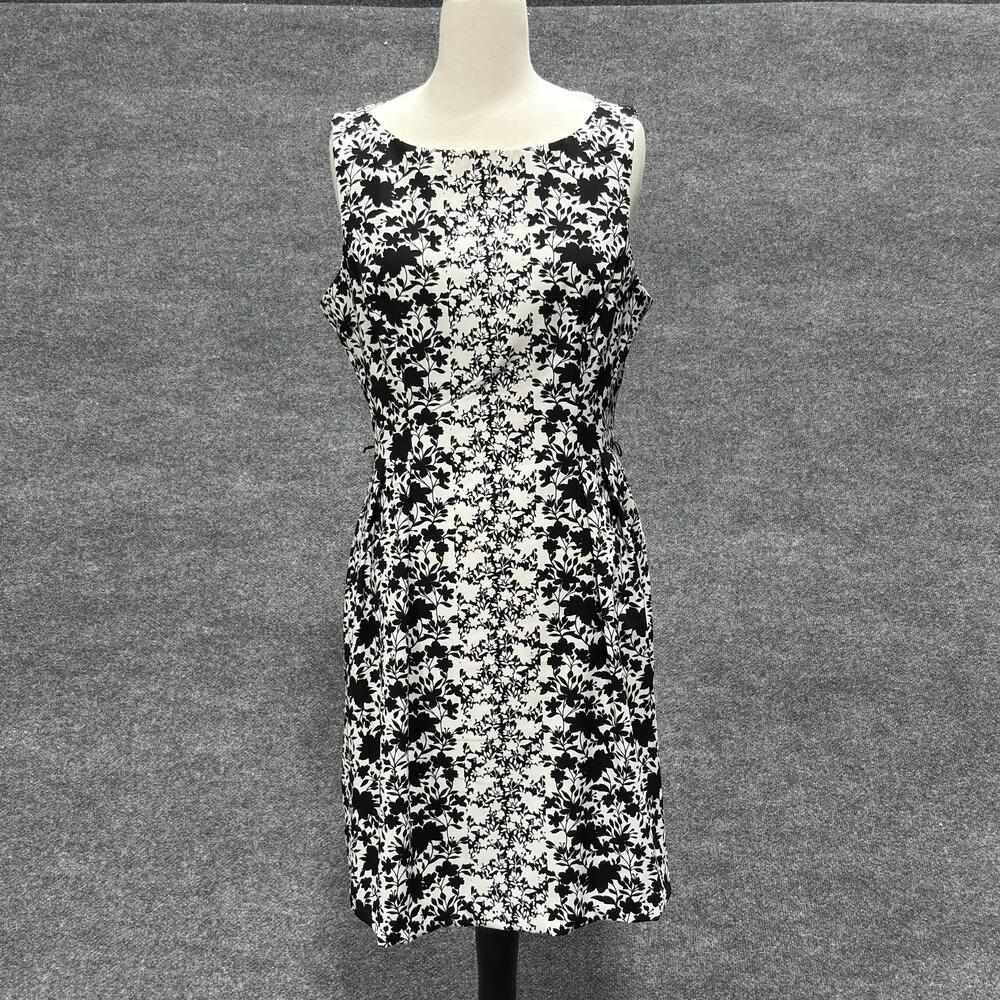 London Times Petites Dress Womens 14P Black White Floral Sleeveless A-Line Lined